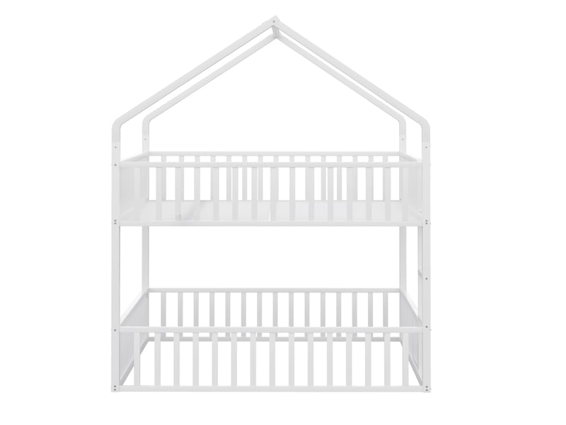  Lit superposé cabane 140 x 200 cm, porte ouvrante, échelle frontale, garde-corps, métal blanc 1 sommier sans matelas  - Conforama R