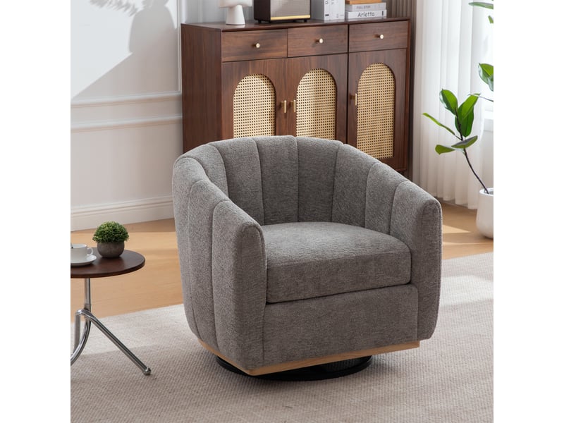  Fauteuil crapaud pivotant 360° 81x73x75.5cm – fauteuil tonneau design citrouille avec base en métal – tissu de chenille - gris  - Conforama D