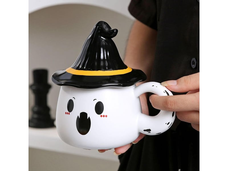  Mug en céramique avec couvercle, fantôme blanc, modèle 2  - Conforama C