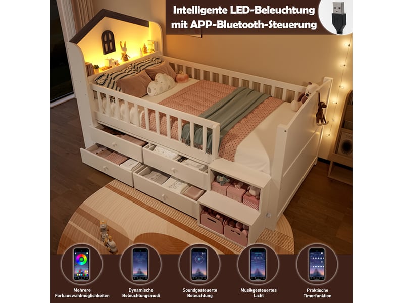 Lit enfant mi-hauteur 90x200 cm avec 4 tiroirs et led blanc  - Conforama E