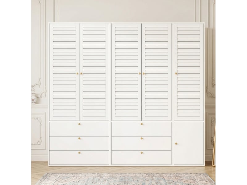  Armoire 6 portes 225x50x200 cm blanche avec 6 tiroirs et 3 tringles  - Conforama E