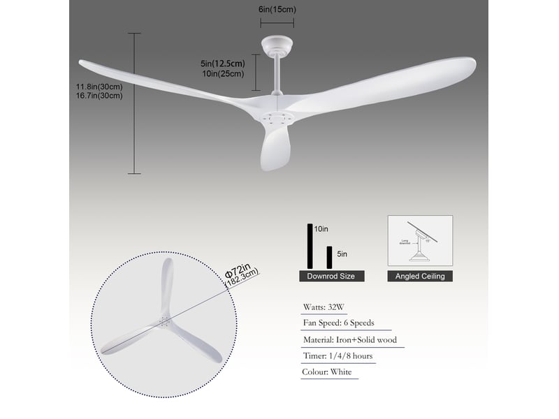  Ventilateur de plafond 182x182cm blanc à 3 pales avec télécommande  - Conforama C
