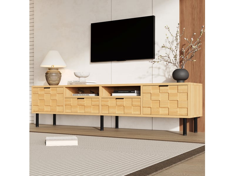  Meuble tv avec 2 portes, 2 tiroirs et 2 niches ouvertes pour salon, décor bois naturel, 200 × 35 × 44,5 cm  - Conforama C