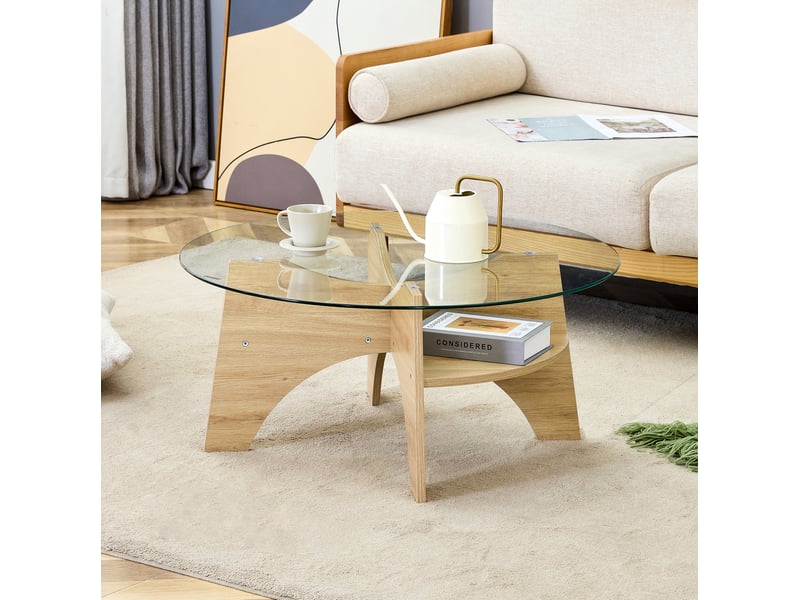  Table basse ulevr ronde en verre transparent ø 80 cm, piètement mdf aspect bois naturel, hauteur 36 cm  - Conforama B