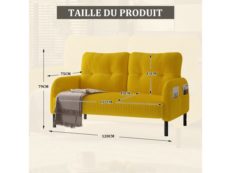  Canapé droit 2 places en velours côtelé jaune 120 x 75 x 79 cm avec poches latérales, salon bureau chambre 120x75x79cm - Conforama C