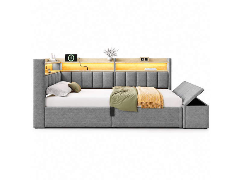  Lit coffre 140x200 cm 2 places, lit double, lit banquette en lin gris, rangement hydraulique, banc coffre, tête de lit réversible, led, usb-ausb-c  - Conforama A