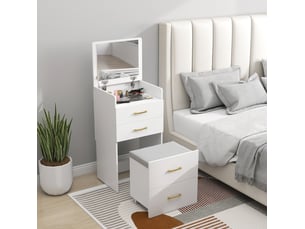 Coiffeuse 3 en 1 48x40x90 cm avec miroir et tabouret à roulettes bois blanc