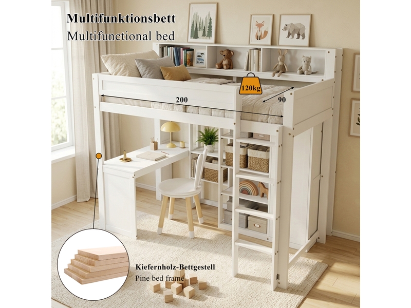  Lit mezzanine enfant 90x200 cm – blanc – bureau, armoire, étagères et échelle à 4 marches intégrés – sans matelas  - Conforama E