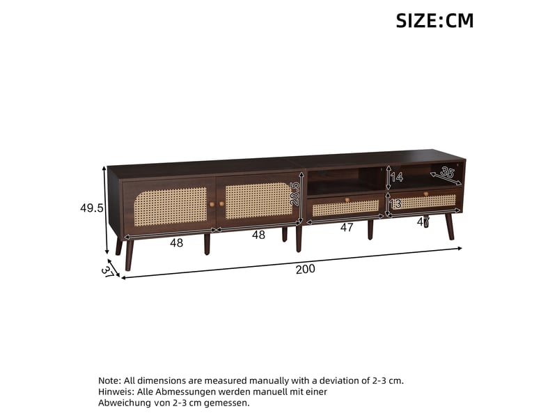  Meuble tv moderne en rotin - 200x37x49.5 cm - pour téléviseur 80 pouces - 2 portes en rotin - 2 tiroirs - 8 pieds  - Conforama E