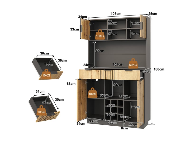  Armoire de cuisine 105x40x180cm, buffet avec led et prises, 3 tiroirs, casier à bouteilles et porte-verres, noir et naturel evarich - Conforama C