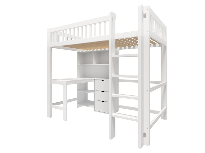  Lit mezzanine avec bureau, 3 tiroirs, rangements et échelle, blanc, 90x200 cm  - Conforama E