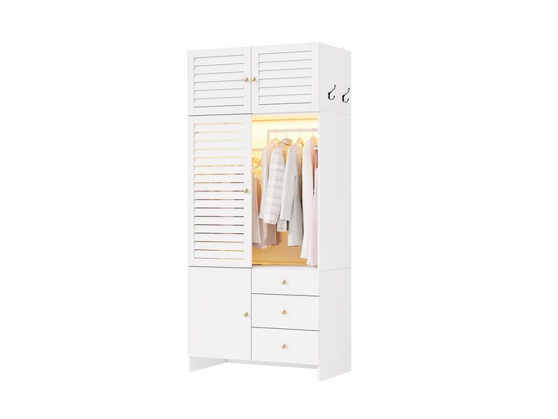  Armoire avec éclairage led, panier à linge, penderie et 3 tiroirs pour chambre, blanche, 90 × 50 × 200 cm  - Conforama A