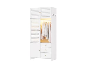 Armoire avec éclairage led, panier à linge, penderie et 3 tiroirs pour chambre, blanche, 90 × 50 × 200 cm