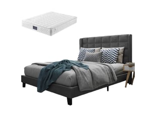 Lit double 140x200 - lit rembourré avec sommier à lattes - lin - matelas inclus - gris