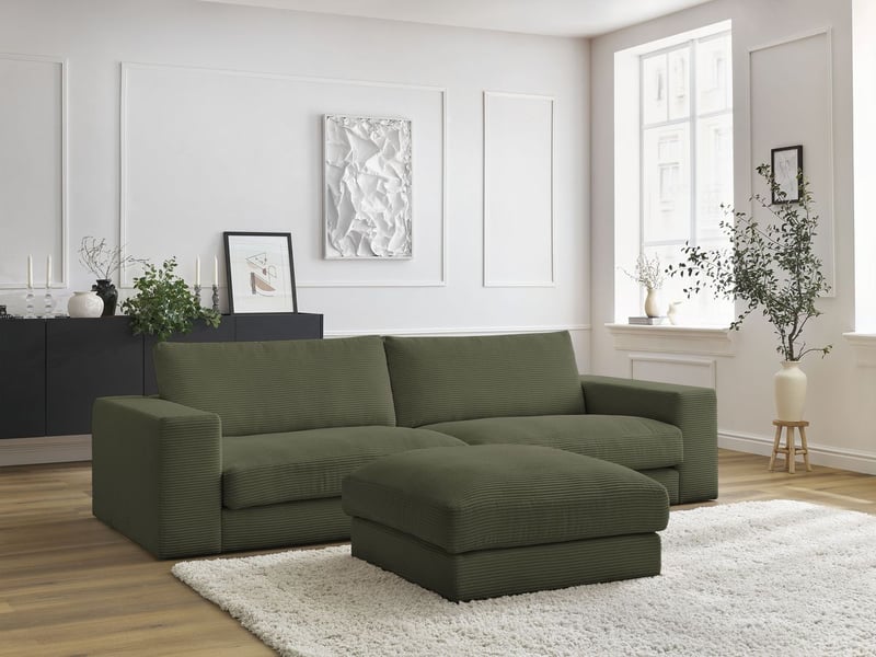  Bobochic canapé droit fixe 3 places leonard velours côtelé avec pouf vert clair LEONARD - Conforama C