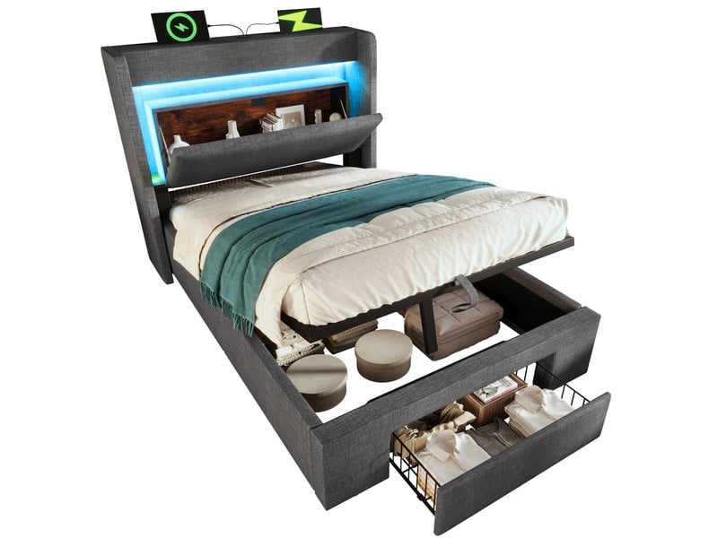  Lit coffre 90 × 200 cm 1 place avec led réglable, usb et usb-c, tiroir, matelas inclus, gris en lin  - Conforama A
