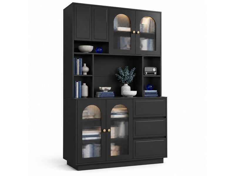  Buffet haut de cuisine avec bar ouverte et led réglable - lpospi - portes en acrylique, mdf noir  - Conforama A