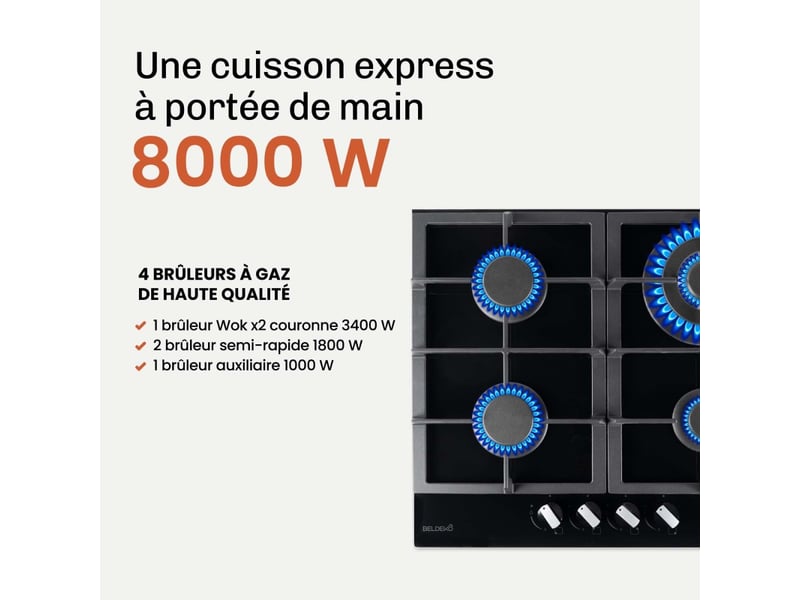 Beldeko - plaque de cuisson gaz verre noir 4 foyers - gaz ville et bouteille - grilles en fonte - 8000 watts - Conforama E