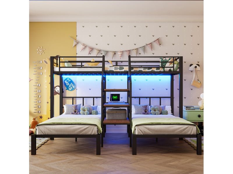  Lit superposé 3 couchages 90 x 200 cm avec bureau, led et rangements, noir  - Conforama D