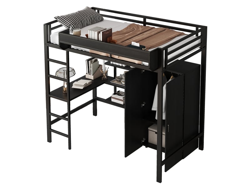  Lit mezzanine enfant 200×90 cm avec bureau, armoire à deux portes et rangements, sans matelas, noir  - Conforama A