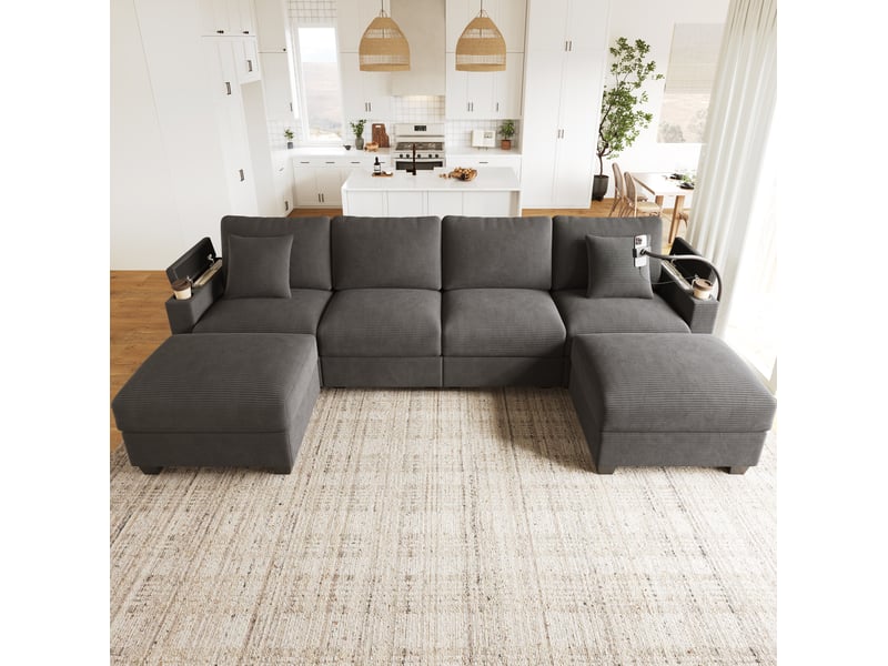  Canapé panoramique en u modulaire avec fonction convertible, ports usb et support smartphone, en velours côtelé gris  - Conforama B