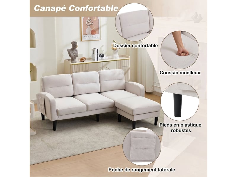  Canapé d'angle beige 3 places avec méridienne 204x136x80cm - modulable avec poches  - Conforama R