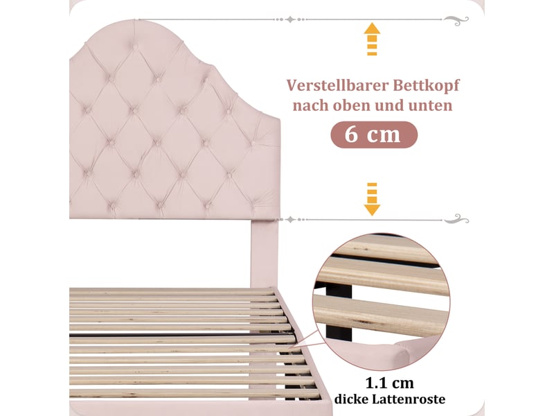  Lit simple rembourré fille - 90x200 cm - velours rose - tête de lit réglable - sommier à lattes rose - Conforama B
