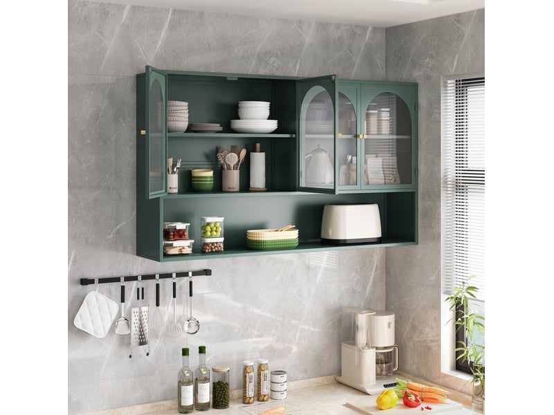 Armoire murale avec 4 portes vitrées pour cuisine et salon, rangement vertical en métal vert foncé, 120 × 23 × 70 cm - Conforama C