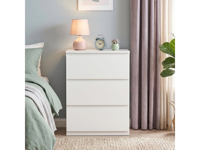  Commode 3 tiroirs sans poignées pour chambre en panneaux de particules 55×34×75 cm blanc  - Conforama C