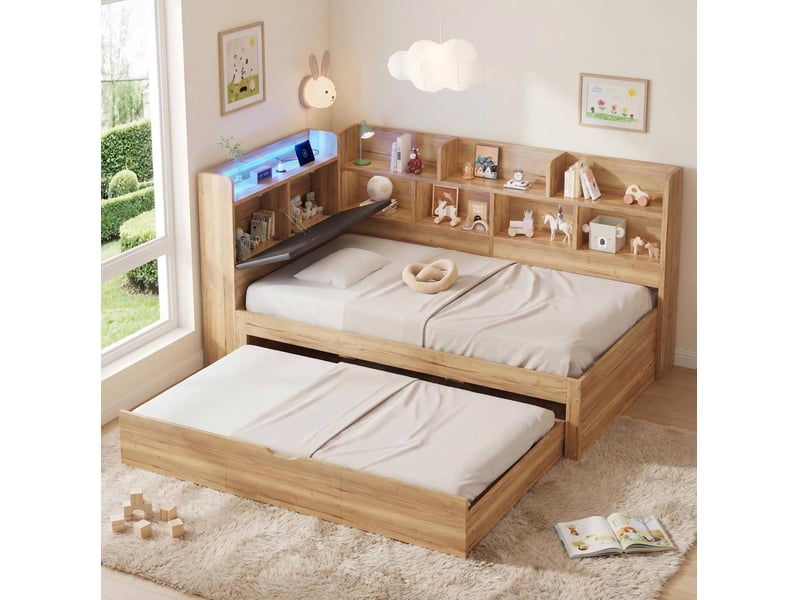  Lit enfant avec lit gigogne 90 x 200 cm naturel, led, usb et type-c  - Conforama B