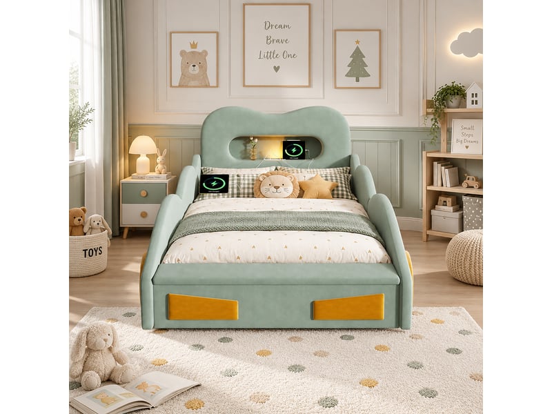 Lit voiture enfant 90x200 cm en velours avec lumière de lecture, prise usb, coffre de rangement au pied du lit et design roues - vert - Conforama B