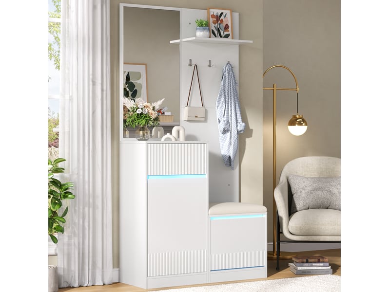  Meuble d'entrée avec miroir, banc, rangement à chaussures, crochets, éclairage led pour couloir, blanc, 105 × 38 × 190 cm  - Conforama C