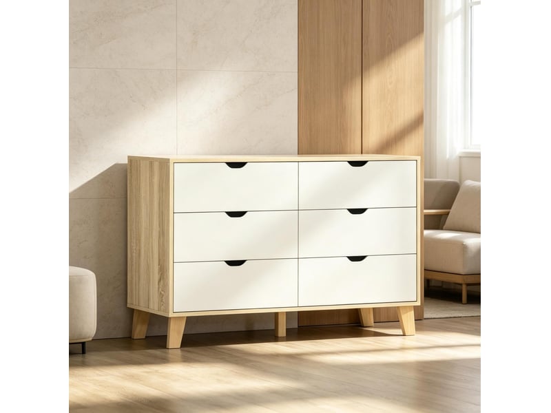 Commode 6 tiroirs 120x40x76 cm, panneau de particules, avec 5 pieds robustes, bicolore blanc et chêne  - Conforama D