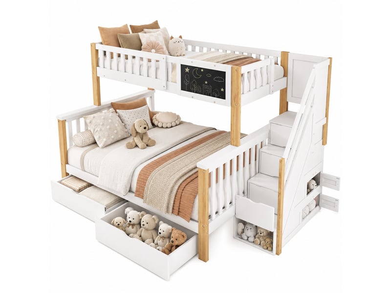  Lit superposé enfant 90x200140x200 cm, escalier, tableau, 2 tiroirs, bois et mdf, blanc et chêne clair, sans matelas  - Conforama A