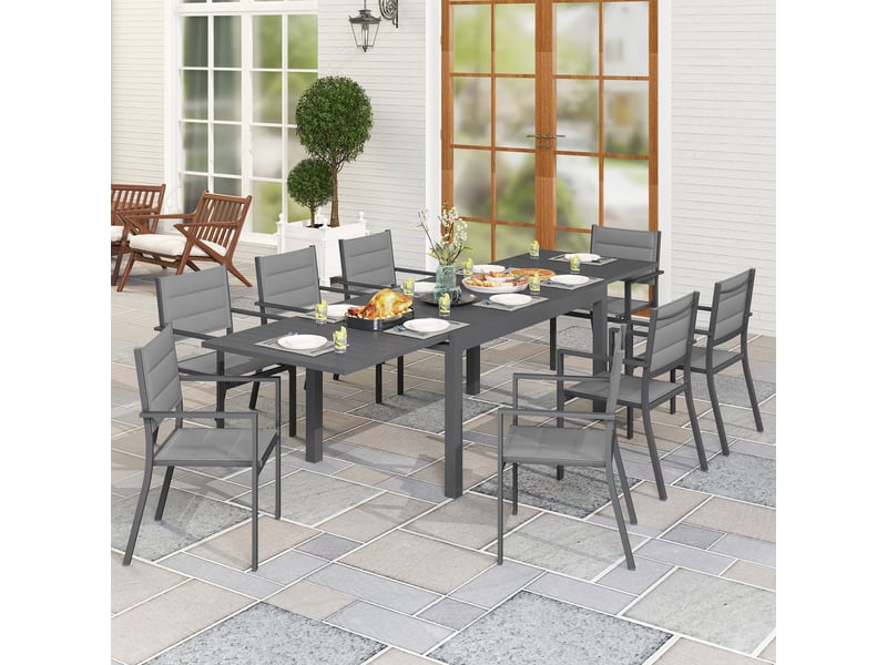 Salon de jardin table extensible 135-270 cm en aluminium et textilène 610 personnes 8 chaises empilables gris - Conforama D