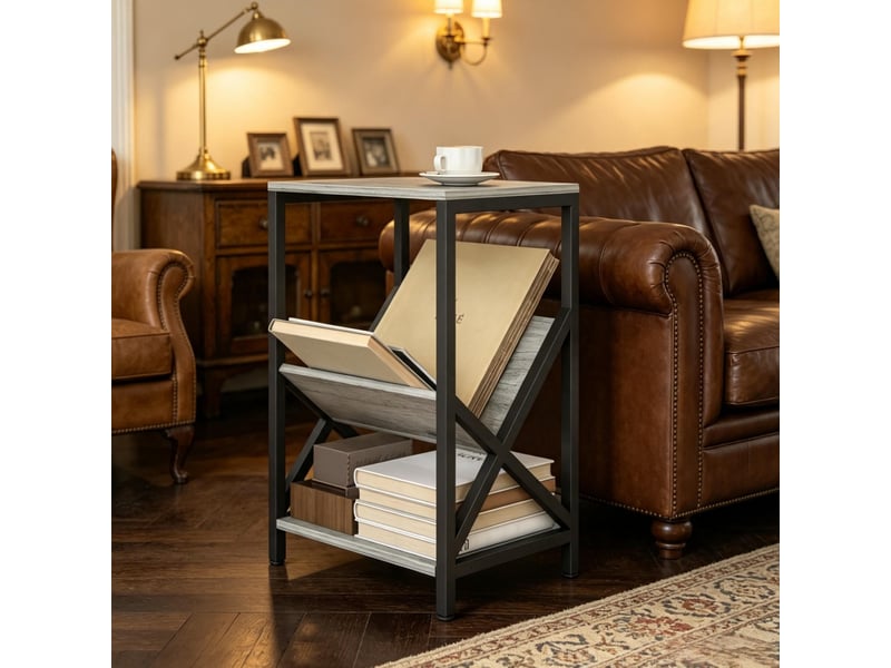  Table d'appoint étroite 40x30x61 cm – gris foncé – 3 niveaux de rangement avec porte-revues en v  - Conforama B