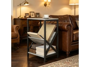 Table d'appoint étroite 40x30x61 cm – gris foncé – 3 niveaux de rangement avec porte-revues en v