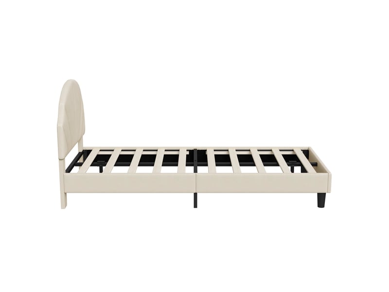  Lit simple 90x190 cm, lit enfant avec tête de lit coquillage réglable, lit capitonné en velours avec sommier, beige  - Conforama A