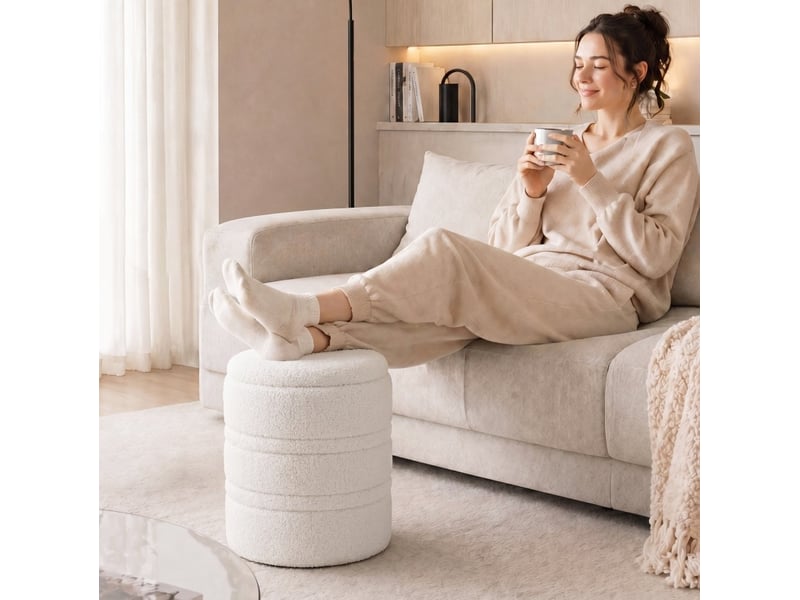  Pouf de rangement rond 36,5x36,5x46,5 cm avec couvercle réversible en mdf blanc  - Conforama D