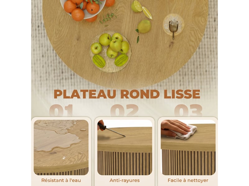  Table basse ronde en bois, table de salon avec piètement cannelé, effet bois naturel, style moderne  - Conforama R