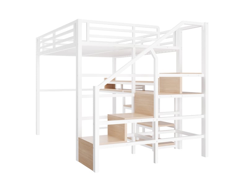  Lit mezzanine,140x200 cm,avec bureau, rangements et led,métal et mdf,blanc  - Conforama A