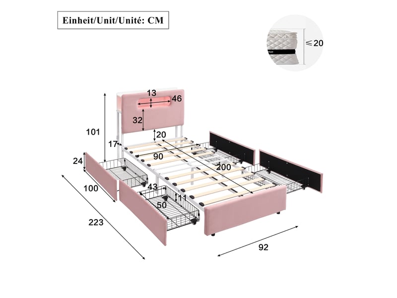  Lit simple enfant 90x200 cm – rose – 4 tiroirs, rangement tête de lit et led contrôlée par application - sans matelas  - Conforama C