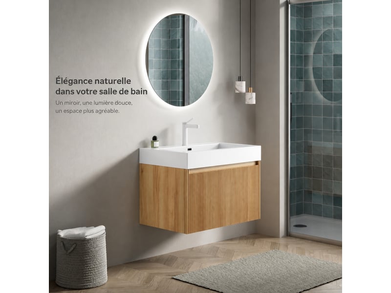  Meuble vasque suspendu 70 cm avec lavabo rectangulaire blanc intégré, finition bois naturel  - Conforama D