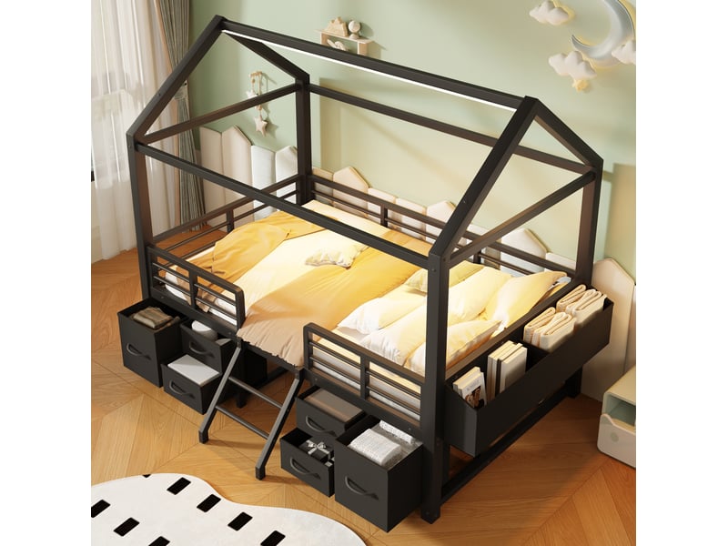  Lit mezzanine enfant 90x200 cm – noir – toit maison, led et tiroirs en tissu – sans matelas  - Conforama B