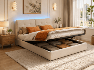 Lit coffre 160x200 - lit 2 places - avec lumière led - beige (matelas non inclus)