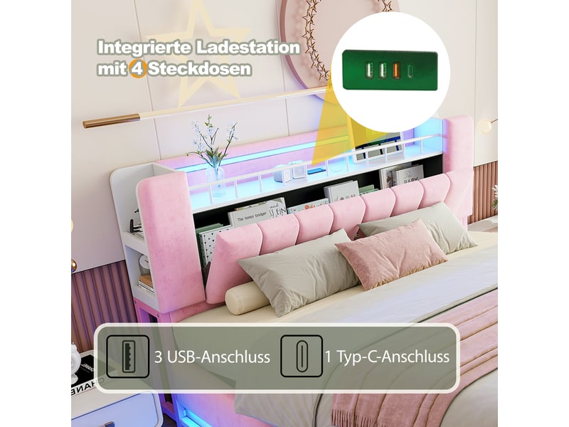  Lit capitonné intelligent 160 x 200 cm rose avec led, usb, coffre hydraulique et tissu velours pour chambre  - Conforama C
