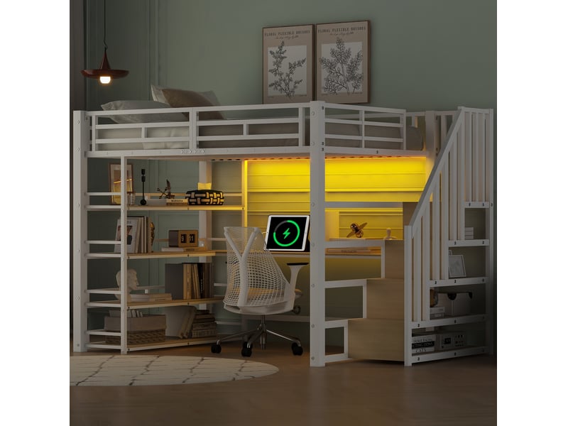 Lit mezzanine 140x200cm avec led, lit enfant, escalier rangement, bureau, usb, garde-corps, mdf+métal blanc sans matelas  - Conforama D