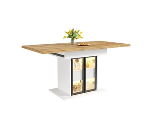Table à manger extensible 110-140 x 80 cm avec rangement, led rgb via application, 2 tiroirs, portes coulissantes vitrées, structure blanche