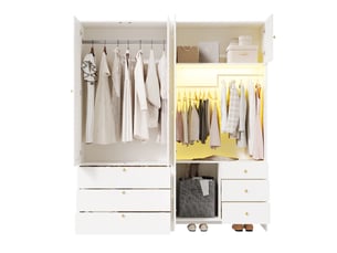 Armoire de chambre blanche avec panier à linge intégré, éclairage led, 6 tiroirs, 180x50x200 cm