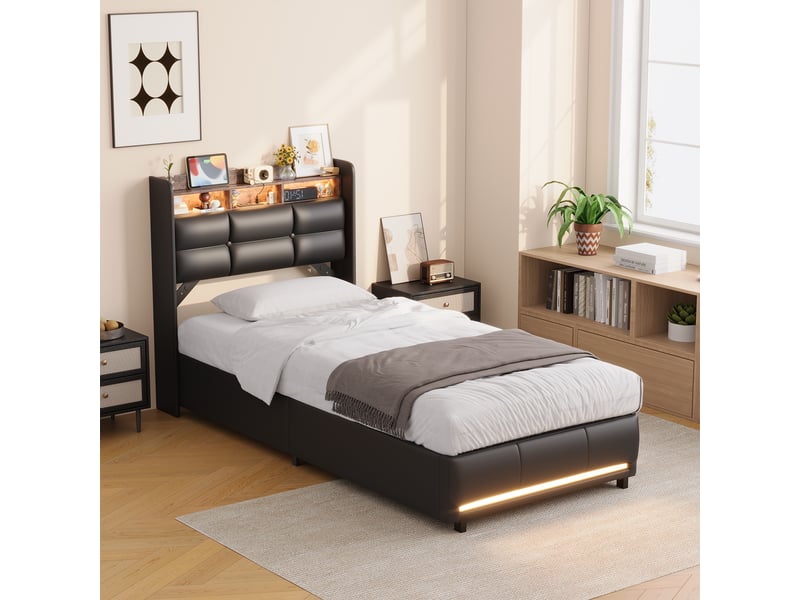  Lit simple de rangement 90x200cm avec éclairage led et port usb, espace de rangement, cuir pu, noir  - Conforama B